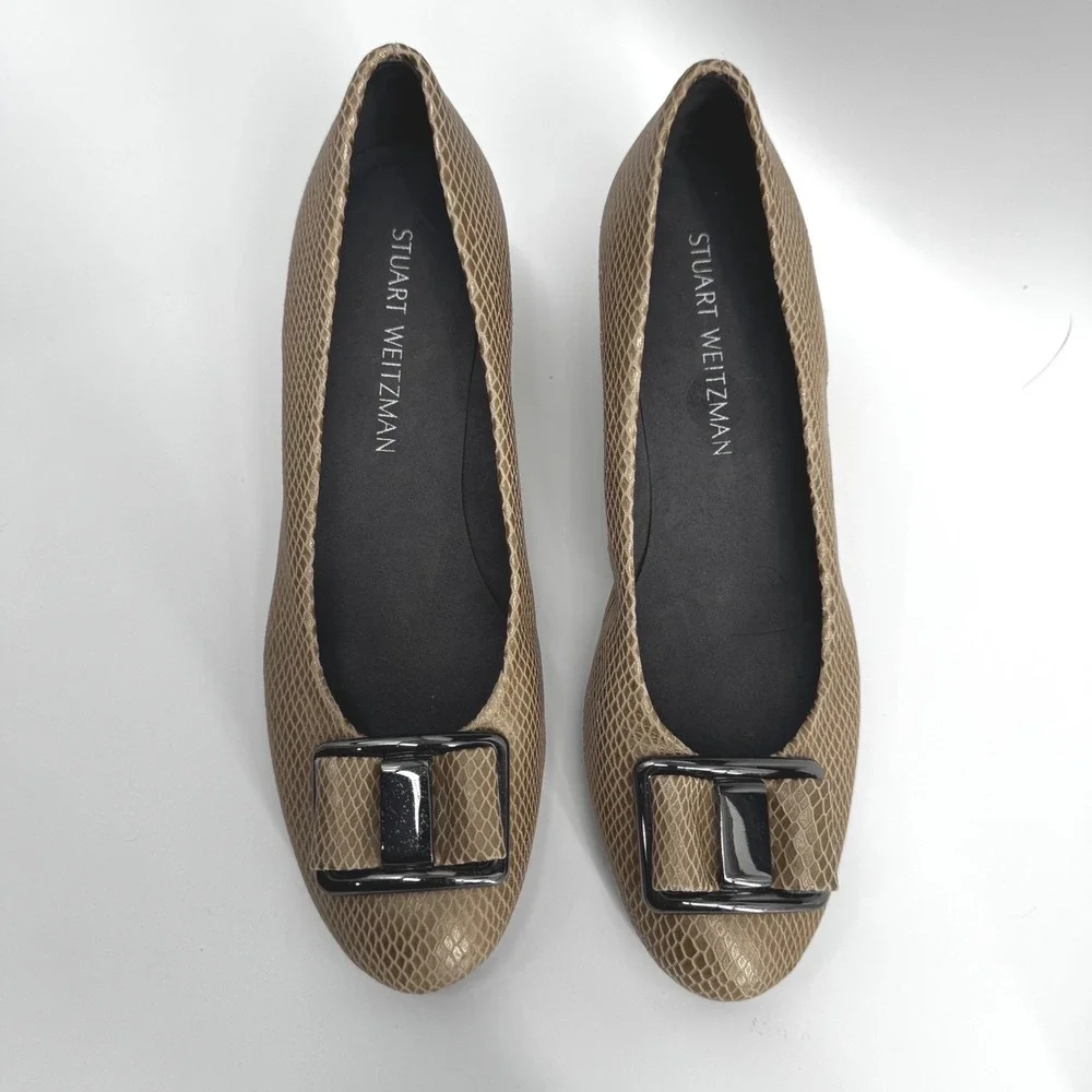 Stuart Weitzman Tan Snakeskin Embossed Buckle Wedge‎ Pumps TW39859 8.5M Leather - Picture 2 of 6